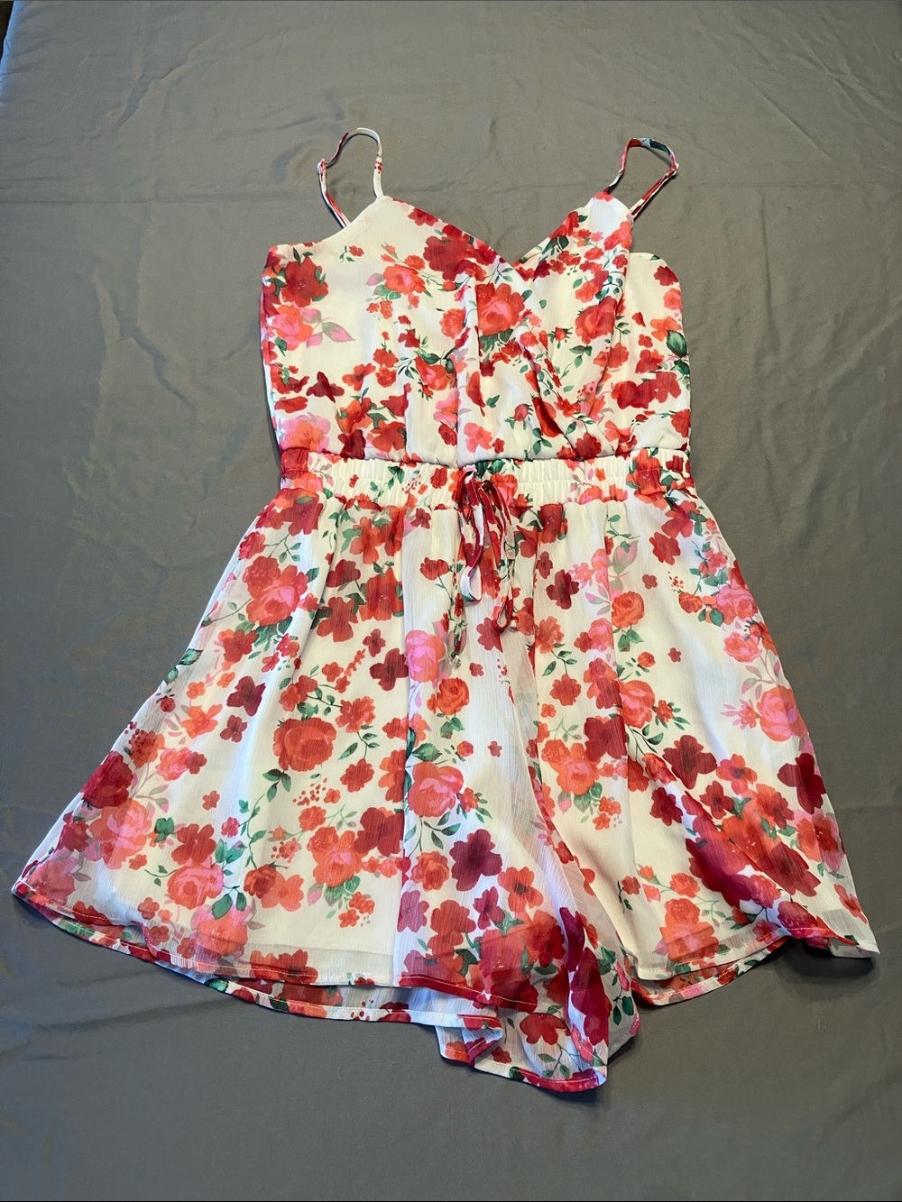 Trixxi White Floral Romper with Red & Pink Flowers